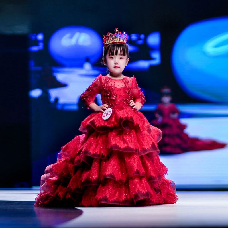 Vestidos de lujo para niñas pequeñas de encaje Vestidos de gala Vestido de manga larga con Vestidos de lujo para niñas pequeñas de encaje Vestidos de gala Vestido de manga larga con