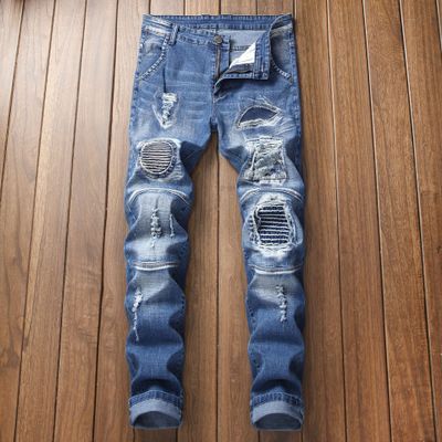 Compra Moda De Primavera Y Verano Ropa Para Hombres Agujero Delgado  Pantalones Vaqueros Azules Bicolor Locomotora Bordado Hombres Comercio  Exterior Pantalones Barato | Entrega Rápida Y Calidad | Es.Dhgate