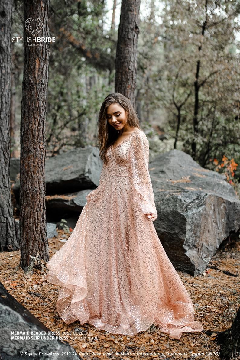 rose gold long sleeve wedding dress