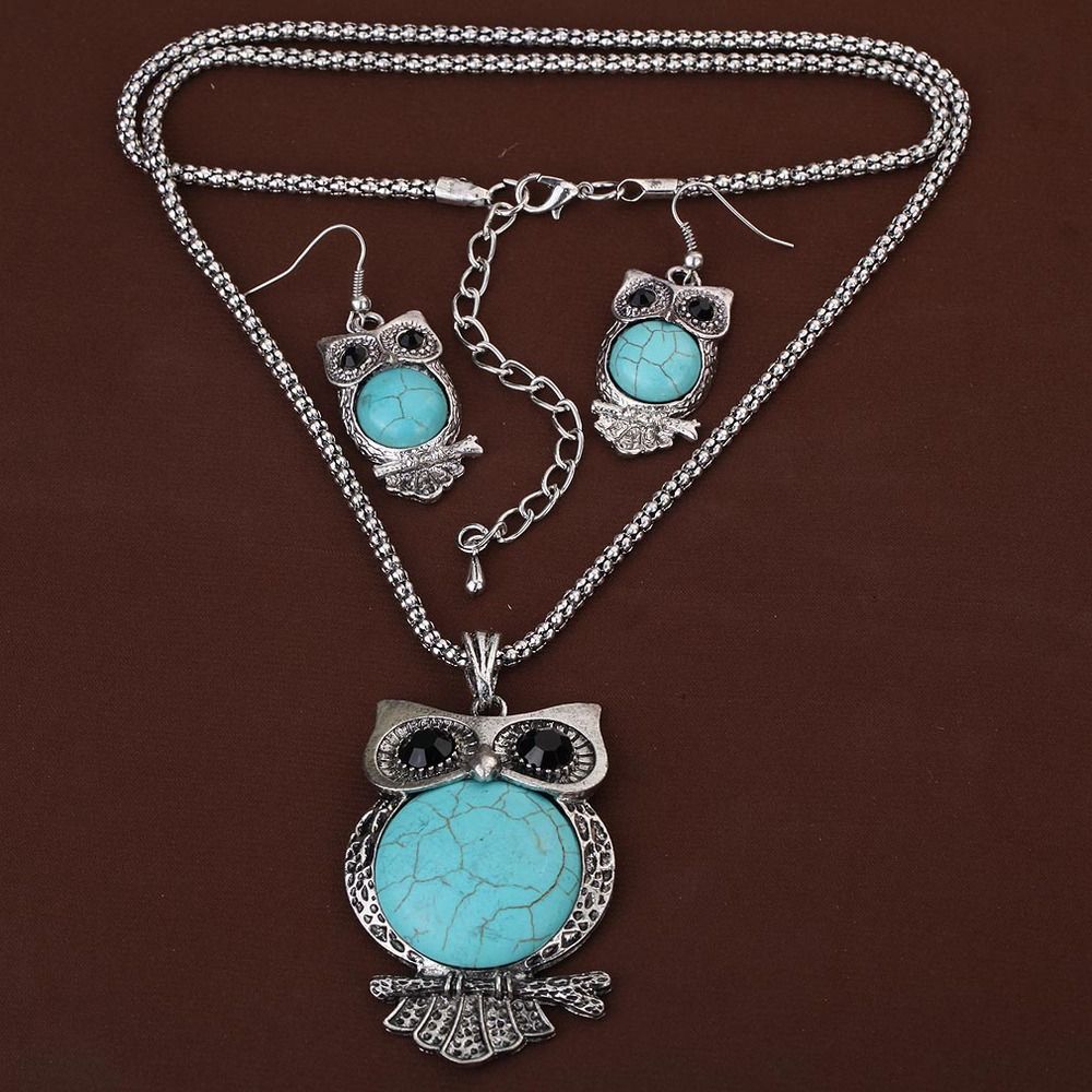 2020 Wholesale Owl Turquoise Jewelry Sets Inlaid Turquoise Necklace