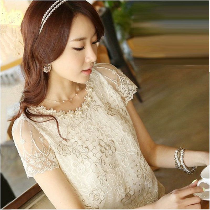 Camisa moda de Corea del atractivo de de encaje bordado de perlas