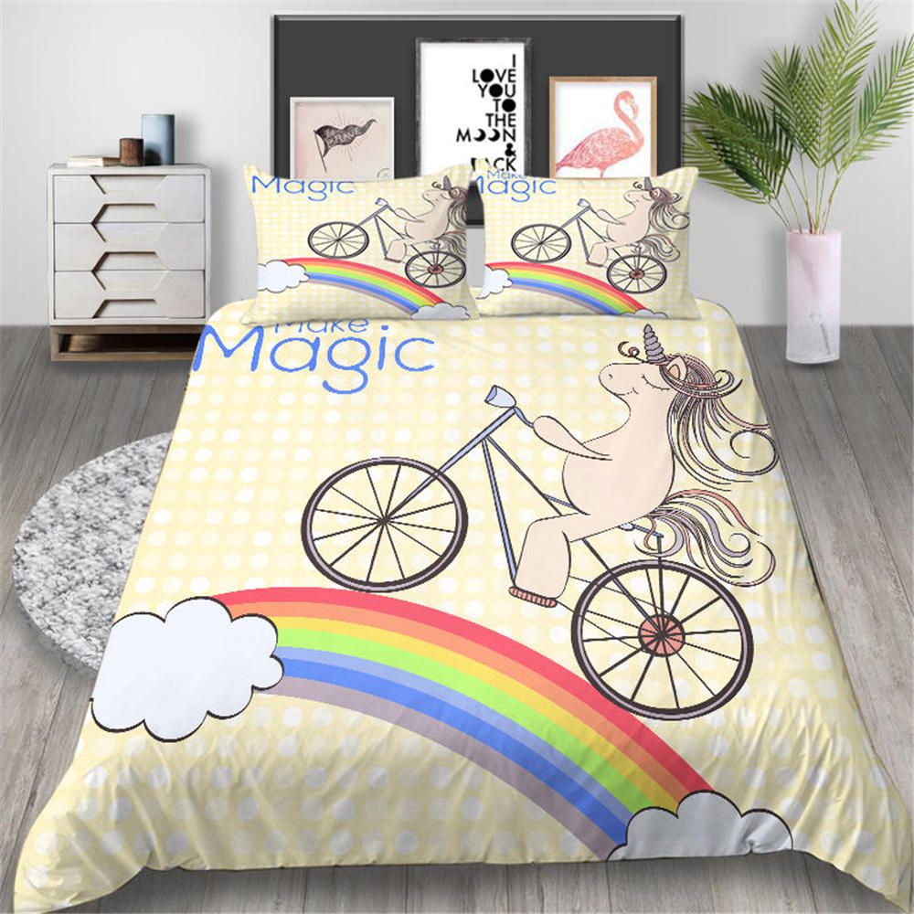 Unicorn Bedding Set For Children Cute Cartoon White Dots Duvet