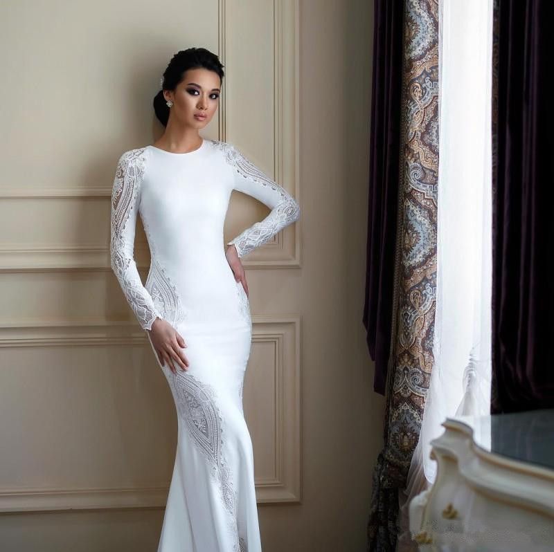 White Satin Sheath Long Sleeve Muslim 