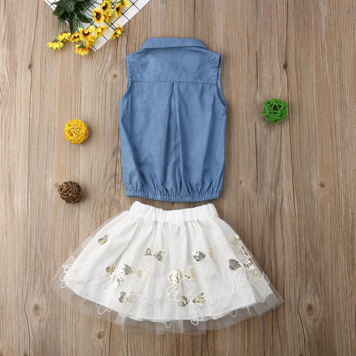 UK 2PCS Toddler Kid Girl Summer Flower Embroidery Tops+Tutu Skirt Outfit Sunsuit
