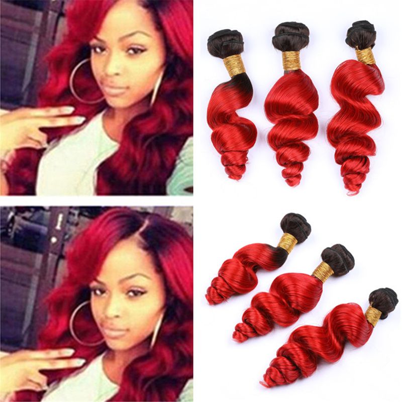 Black And Red Ombre Wavy Human Hair Bundles Extensions Loose Wave