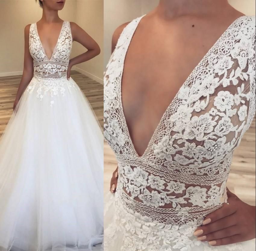 Line Ivory Sleeveless Lace Applique V Neck Custom Wedding Bridal Dress Plus A