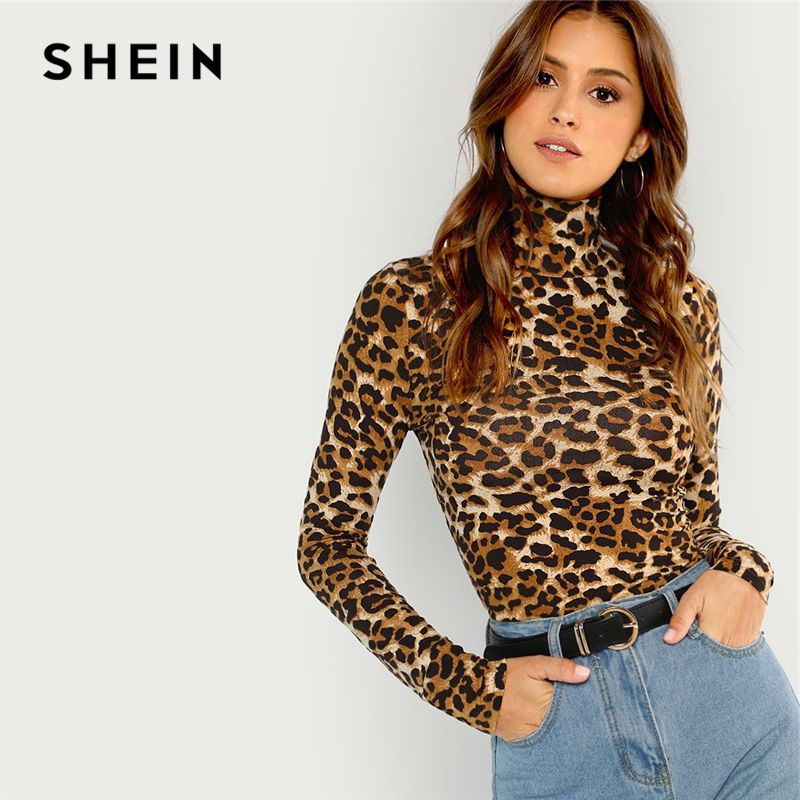 Acquistare T Shirt A Maniche Lunghe Con Stampa A Maniche Lunghe Con Stampa  Leopardata SHEIN Brown Highstreet Office Lady T Shirt A Maniche Lunghe  Donna Autunno Inverno 2019 Economico | Consegna Veloce