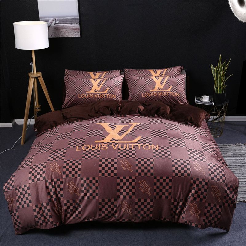 Brown Bedding Sets Quality Grid Design L Letter Bed Cover Suit For