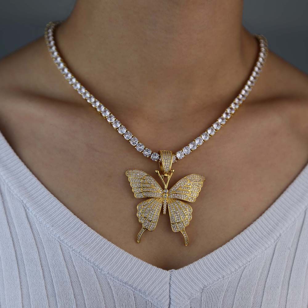 Luxus Halskette Edelstahl Schmetterling 3D Kette Anhänger Versilbert Collier