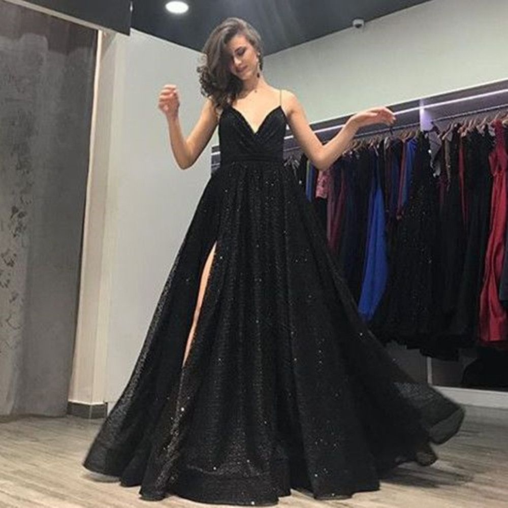 2019 Sparkly Black Sequin Evening Dress 
