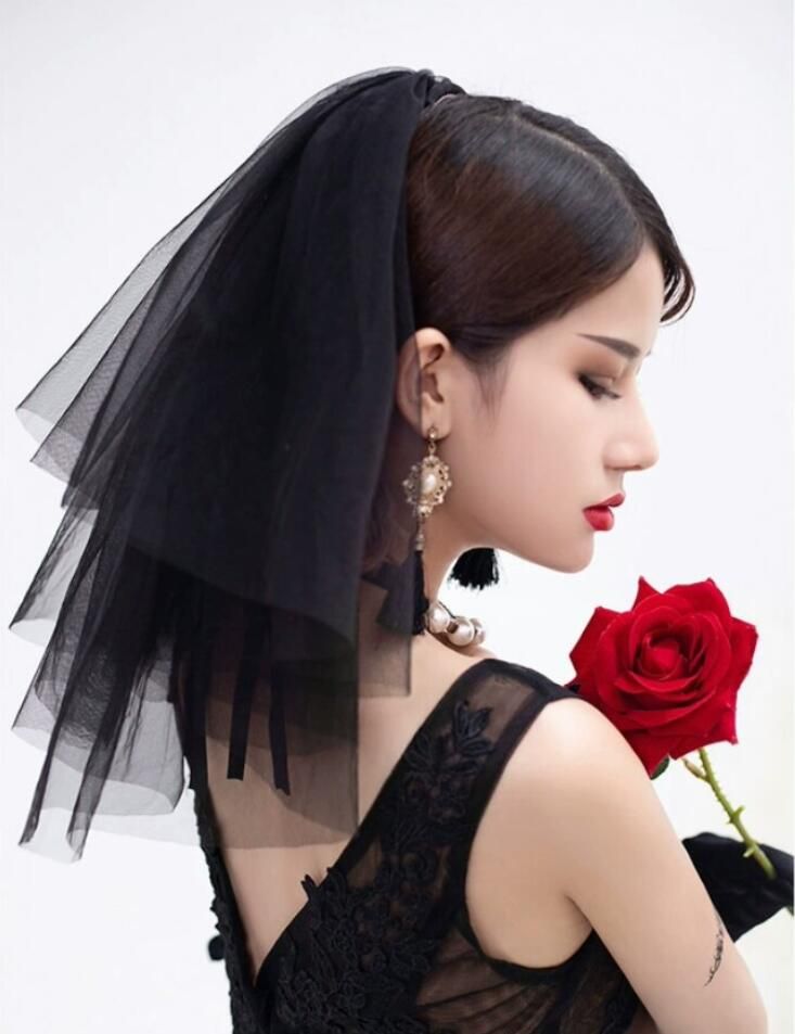 2019 Short Mini Wedding Face Black Tulle Bride Veil With Comb