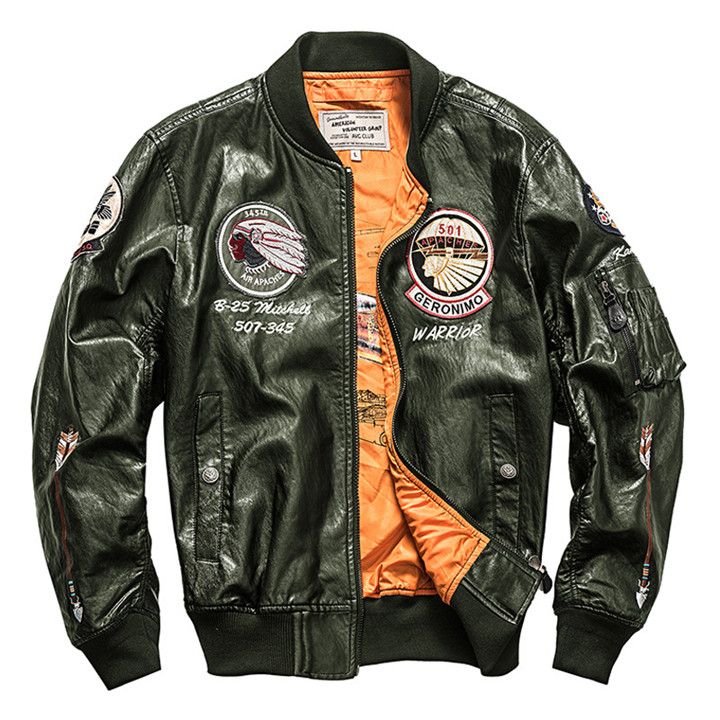 Bombardero chaquetas de cuero vuelo MORUANCLE de los con parches bordados chaqueta experimental prendas