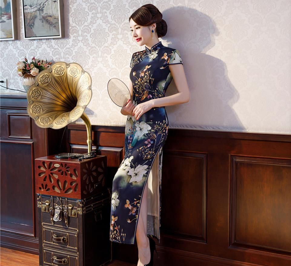 New Traditional Chinese Women's Silk Satin Long Dress Cheongsam Qipao