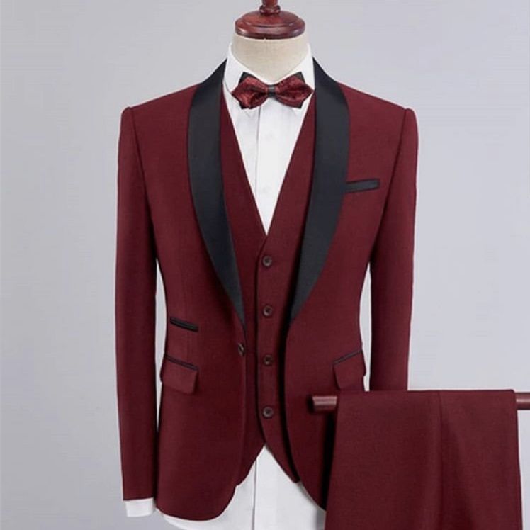 Dark Red Mens Suits Slim Fit Groomsmen Groom Wedding Tuxedos Shawl