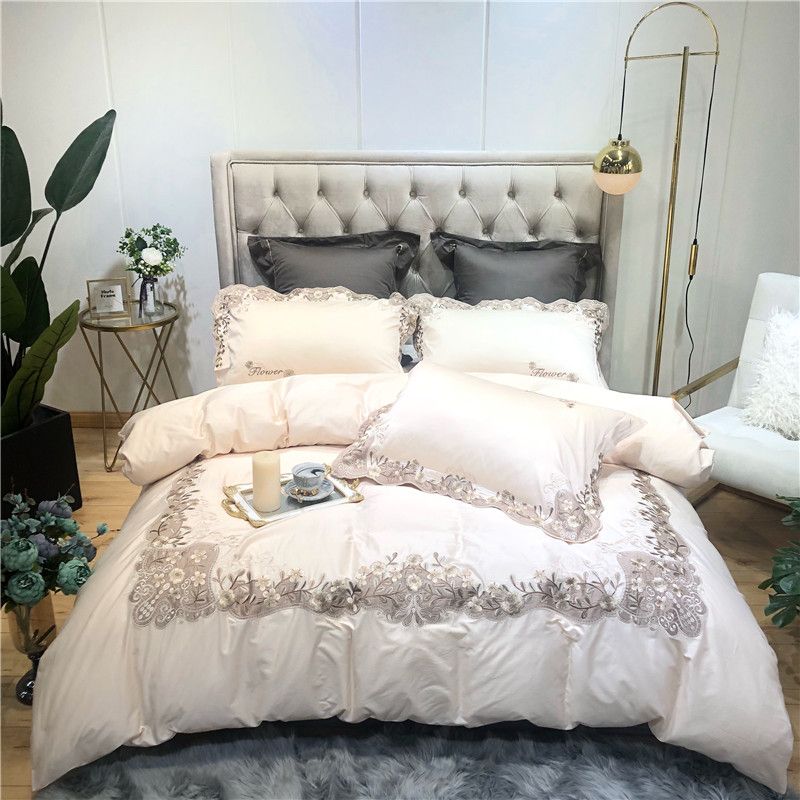 Pink Cream Luxury Egyptian Cotton Bedding Set Queen King Bed Set