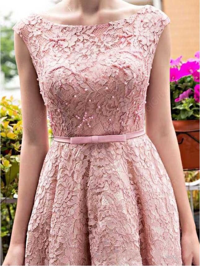 Compra Elegante Encaje Rosa Vestidos De Fiesta 2019 Perlas De Manga Corta  Con Cuentas Una Línea Vestidos De Fiesta De Fiesta Vestidos De Fiesta Vestidos  Cortos De Graduación Barato | Entrega Rápida