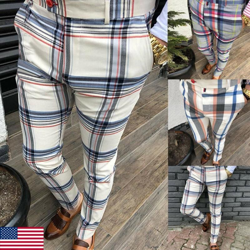 Men Plaid Pants Gym Slim Fit Trousers 