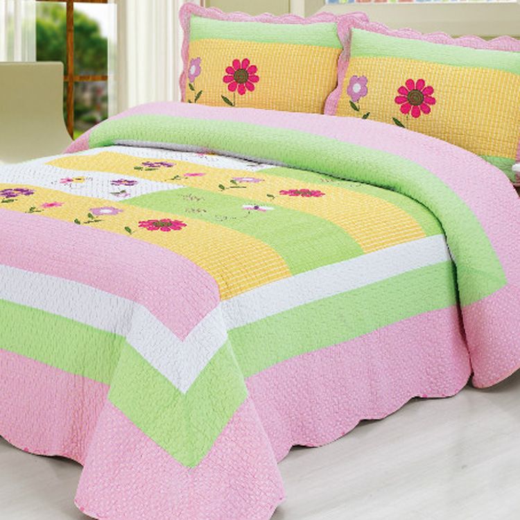 Yellow Green Pink Patchwork Flowers Bedspread Girls 100 Cotton