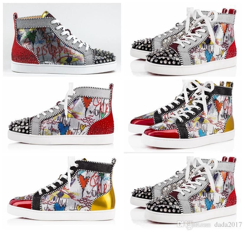 2018 New Season Red Bottom Sneakers Men Casual Shoes Luxury Louboutin Print Silver Pink Pik No Limit Rare Studs And Rhinestones Graffiti Office Shoes