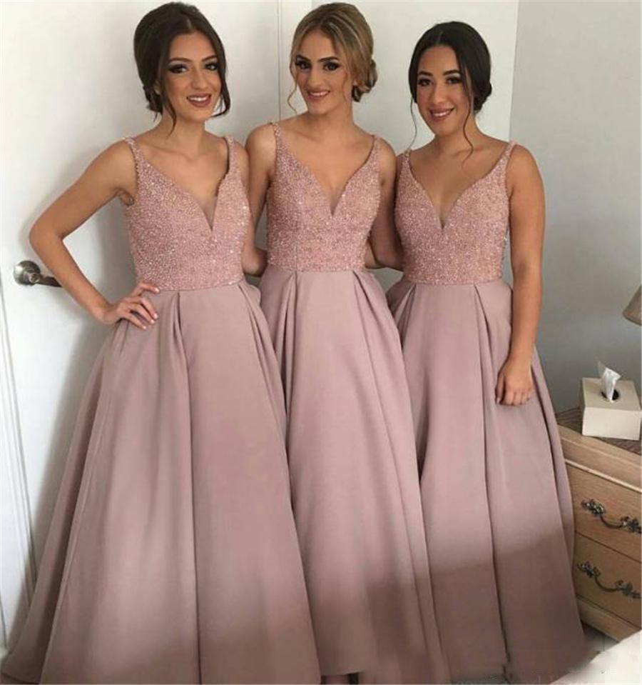 blush bridesmaid dresses long