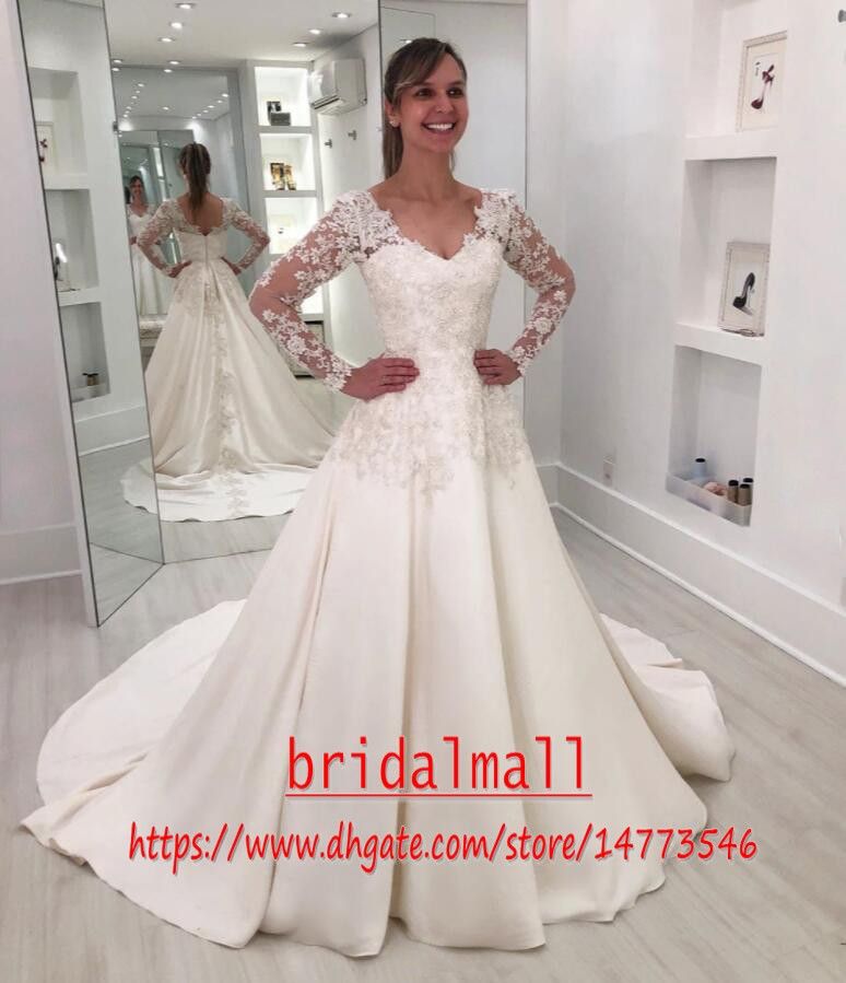Vestidos de novia de satén con cuello en V modestos con apliques Vestidos de novia de manga larga Vestidos de novia bohemios Vintage Vestidos de novia de una línea Vestidos de novia Vestidos de novia de satén con cuello en V modestos con apliques Vestidos de novia de manga larga Vestidos de novia bohemios Vintage Vestidos de novia de una línea Vestidos de novia