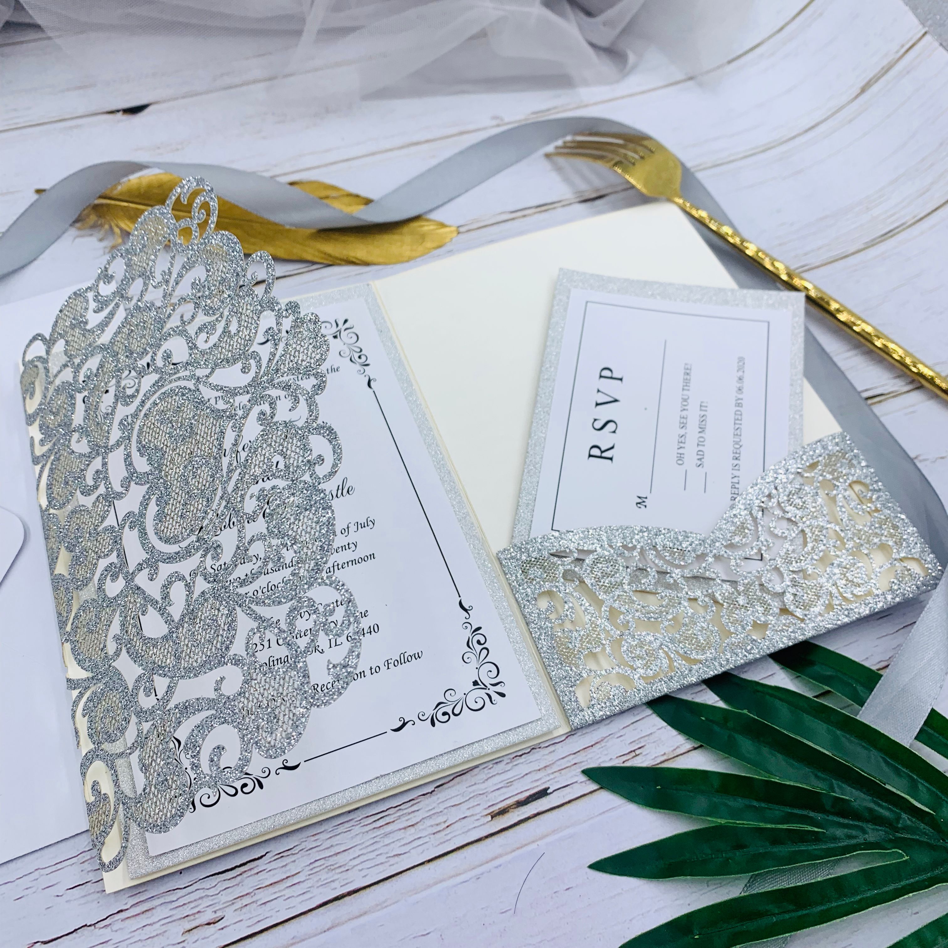 Elegant Marsala Burgundy Pocket Wedding Invitations Die Cut Laser Cut