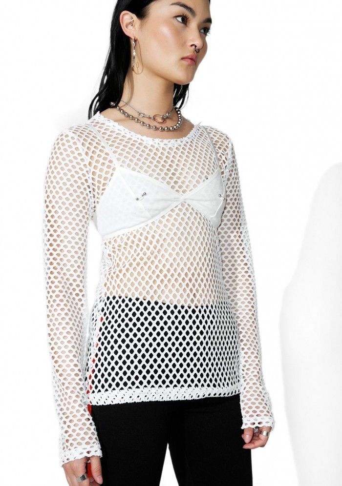 white fishnet long sleeve top