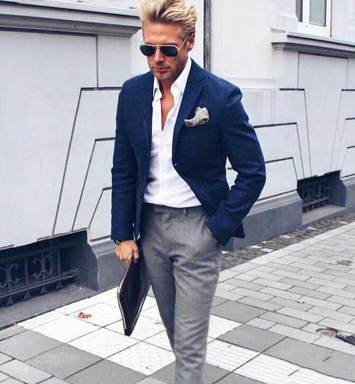 navy blue shirt with grey pants