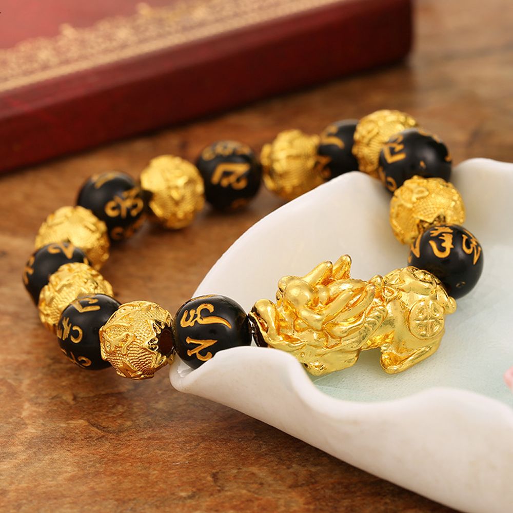 Imitation Gold Wealth Pixiu Feng Shui Charm Obsidian Six Word Beads Imitation Gold Wealth Pixiu Feng Shui Charm Obsidian Six Word Beads
