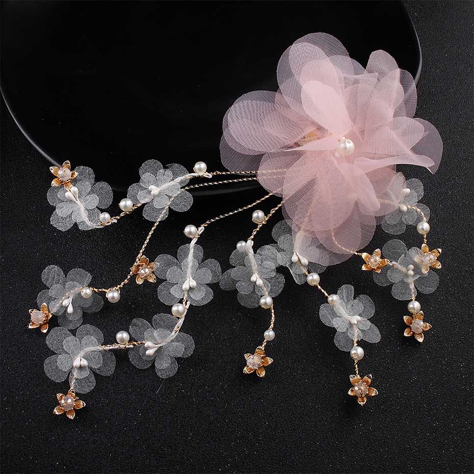 2019 Pink Cloth Flower Vine Pearls Crystal Barrettes Women Hair