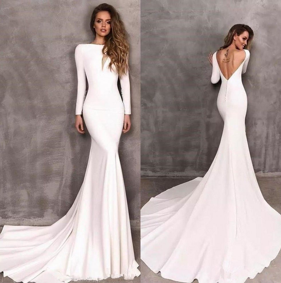 Modest Berta Mermaid Wedding Dresses Stretch Satin Long Sleeves ...