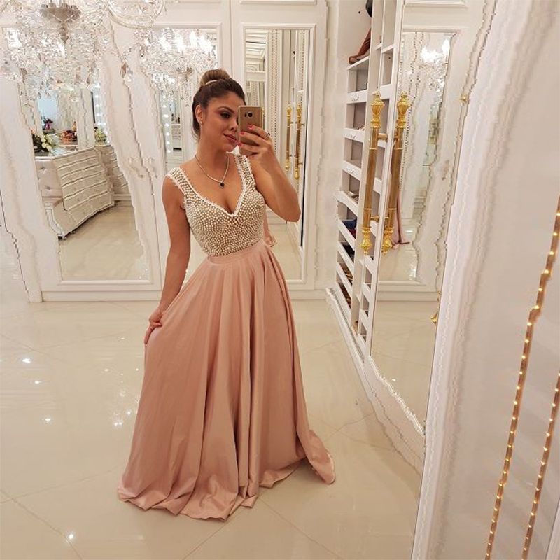 Sexy V Neck Light Pink Prom Dresses 2019 Pearls Long Formal Evening Dress Plus Size Party Dress Custom Made Dark Blue Prom Dresses Dress For Prom From