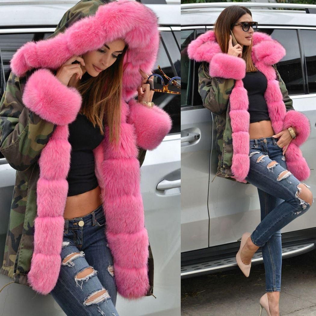 Compre Mulheres Camuflagem Casaco Longo Rosa Faux Fur Collar Parka Camo Casaco 2018 Inverno Grosso Quente Peludo Com Capuz De Pele Casacos Outwear 5XL De Herish, $346,71 | Pt.Dhgate.Com