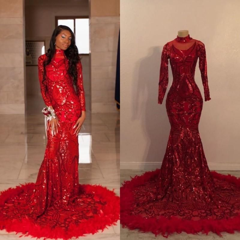 Latest High Neck Feather Red Prom 