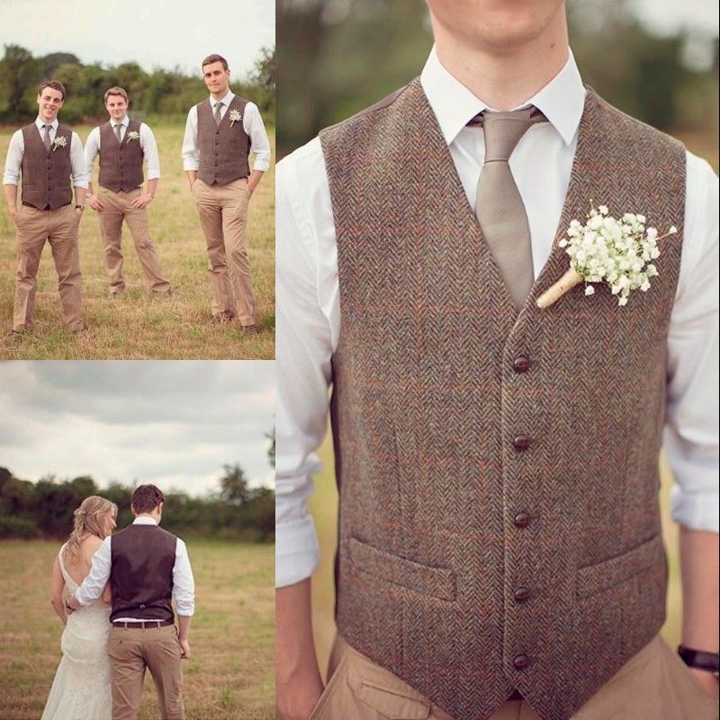 Cheap Country Farm Wedding Brown Wool Herringbone Tweed Vests Groom ...