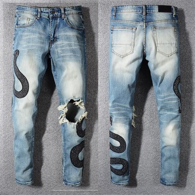 Moda Hombre Jeans Hombre Hombre Estilo Hombres Animado Bordado Serpientes Pantalones  Pantalones Rotos Lavado Azul Skinny