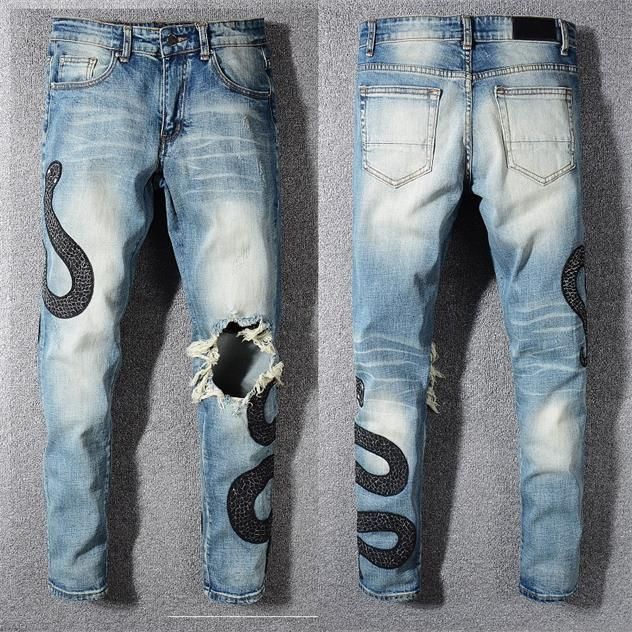 Moda Hombre Jeans Hombre Hombre Estilo Hombres Animado Bordado Serpientes Pantalones Pantalones Rotos Lavado Azul Skinny Moda Hombre Jeans Hombre Hombre Estilo Hombres Animado Bordado Serpientes Pantalones Pantalones Rotos Lavado Azul Skinny