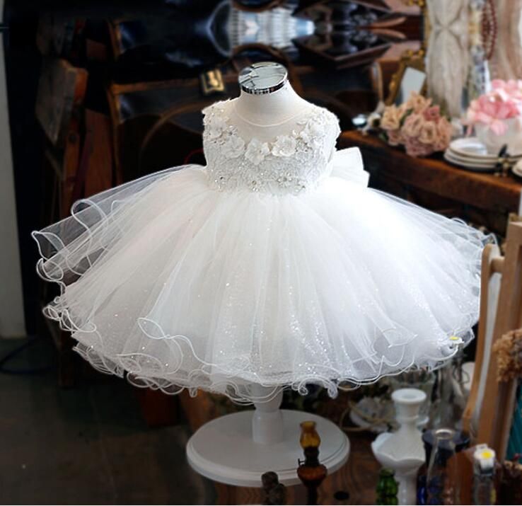 2020 White 1 Year Baby Girl Birthday Dress Elegant Lace Fluffy Yarn ...