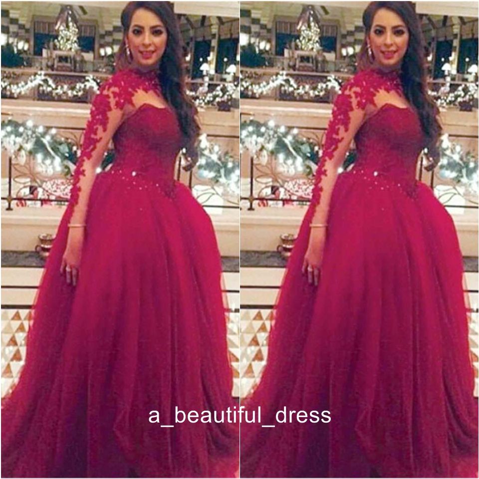 High Neck Long Sleeve Arabic Prom Dresses Wine Red Appliues Beaded