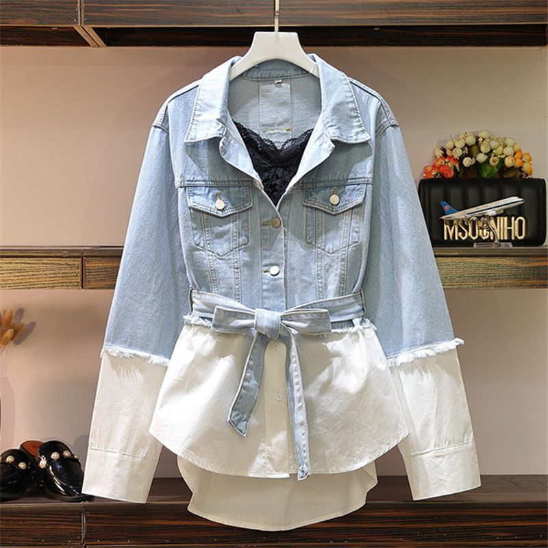 Denim Shirt Coat Lace Up Patchwork 