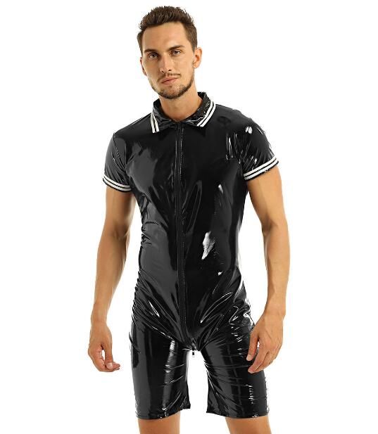 2021 Mens Bodysuit Sexy Underwear Wetlook Pvc Faux Leather Front Zipper ...
