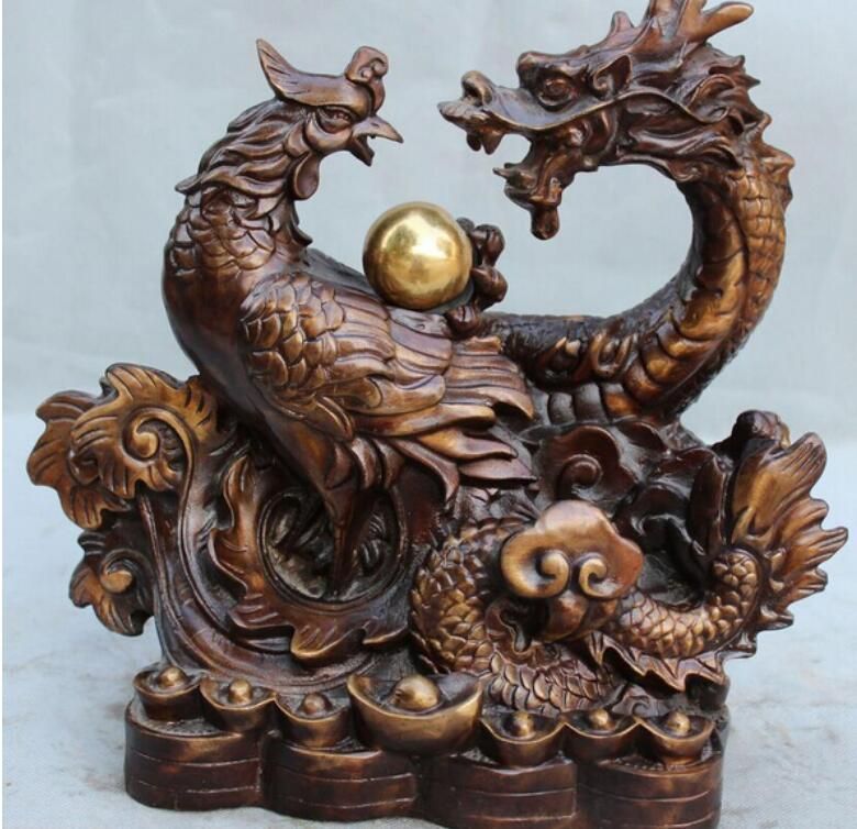 Chinese fengshui old Bronze carve auspicious dragon phoenix Play bead Statue 