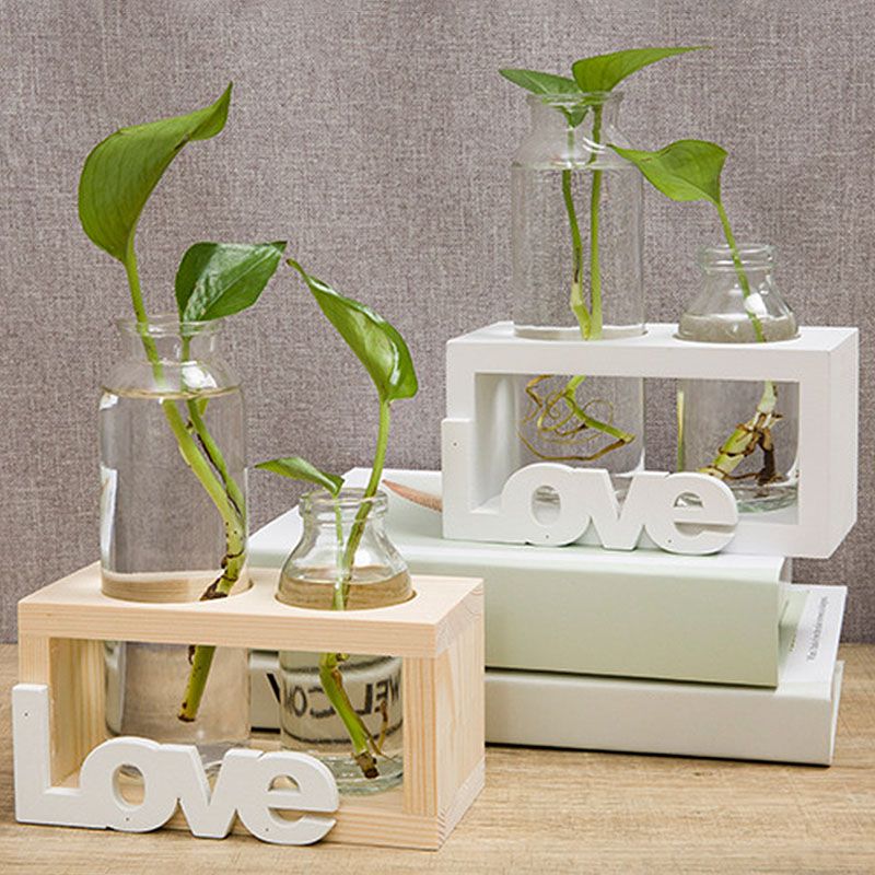 Hydroponic Plant Vases Vintage Flower Pot Transparent Vase Wooden