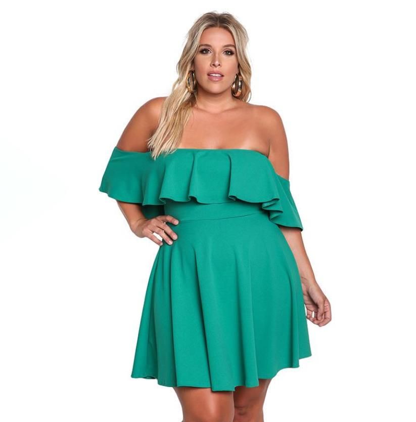 Moda de verano señora más tamaño sin tirantes Vestidos volantes con hombros sobre la rodilla Faldas Moda de verano señora más tamaño sin tirantes Vestidos volantes con hombros sobre la rodilla Faldas