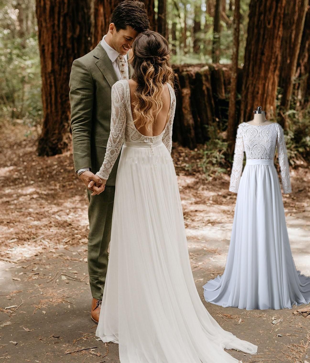 A Line Wedding Dresses 2019 Long Sleeves Backless BOHO Beach Bridal Gown Custom A Line Wedding Dresses 2019 Long Sleeves Backless BOHO Beach Bridal Gown Custom