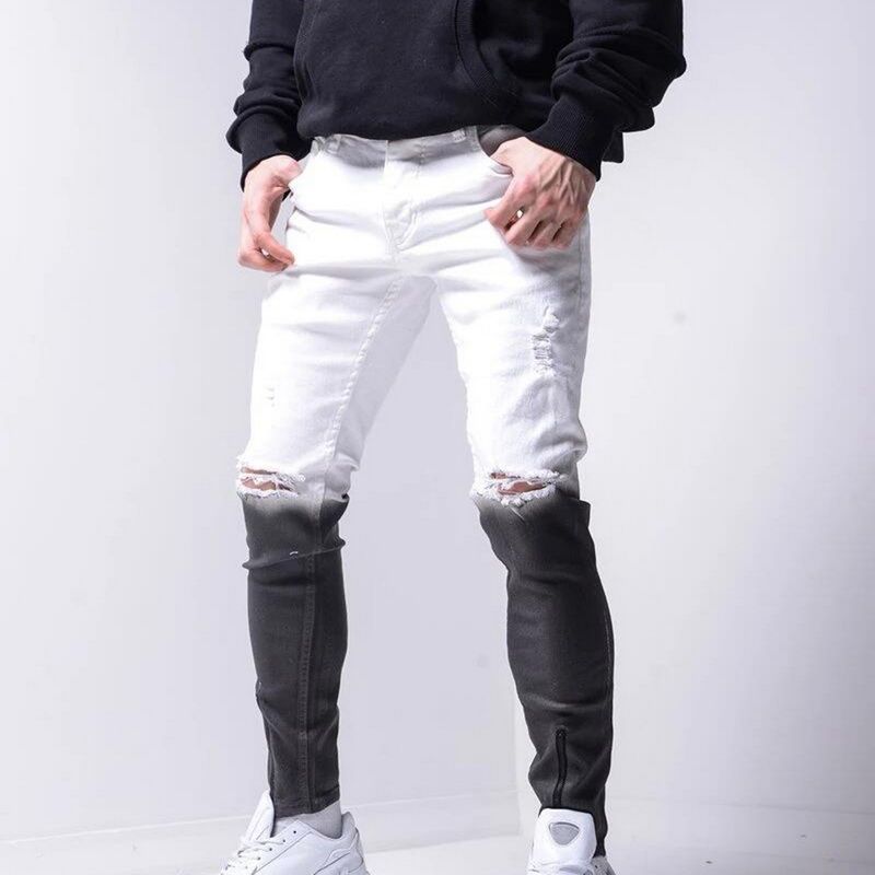 Compra Nuevos Jeans Ajustados Hombres Gradiente Negro Blanco Rasgado  Agujero Denim Pantalones Hombre Primavera Tobillo De La Cremallera Lápiz  Pantalones Barato | Entrega Rápida Y Calidad | Es.Dhgate