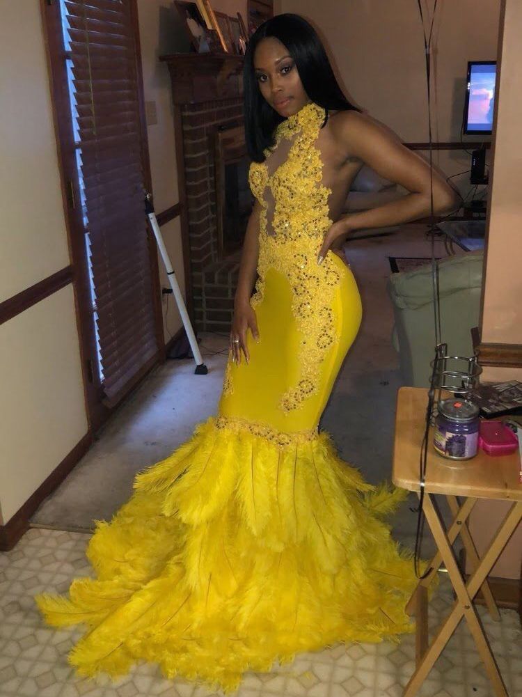 Yellow Mermaid Feather Prom Dresses Long For Black Girls Sexy
