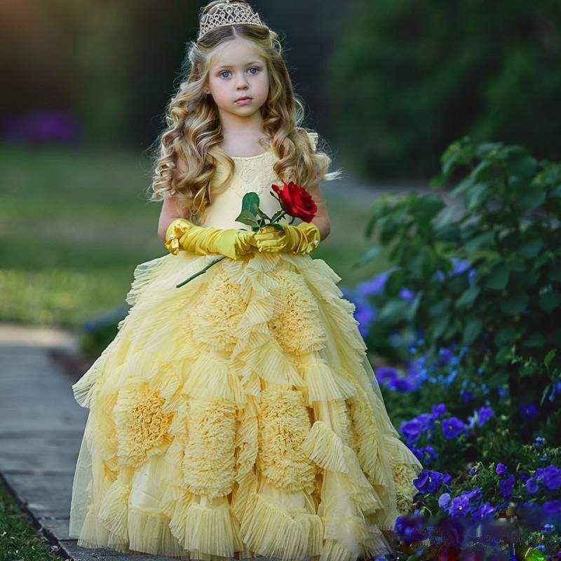 Cute Yellow Flower Girl Dresses Jewel Ruffles Petaline Girls