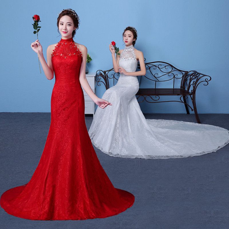 Lace Mermaid Wedding Dresses With Halter Neckline 2020 Ivory Red