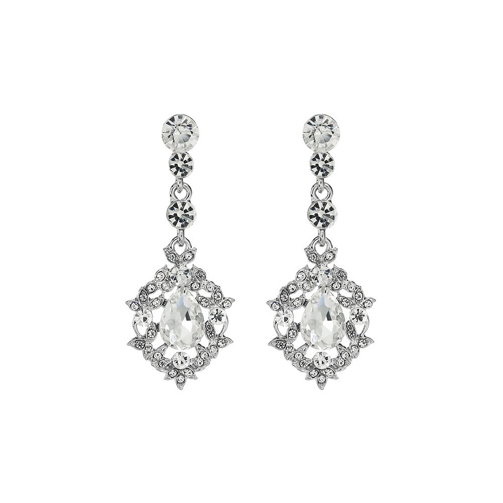 White bridal earrings with feather and crown Large drop wedding jewelry for bride or bridesmaidCrystal Bridal earrings